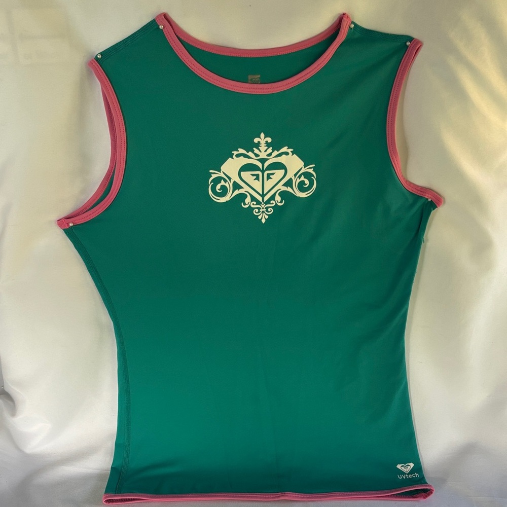 ROXY WHOLE HEARTED UVtech WOMEN’ TEAL WITH PINK TRIMMING SLEEVELESS TOP SIZE 10 - Picture 3 of 14